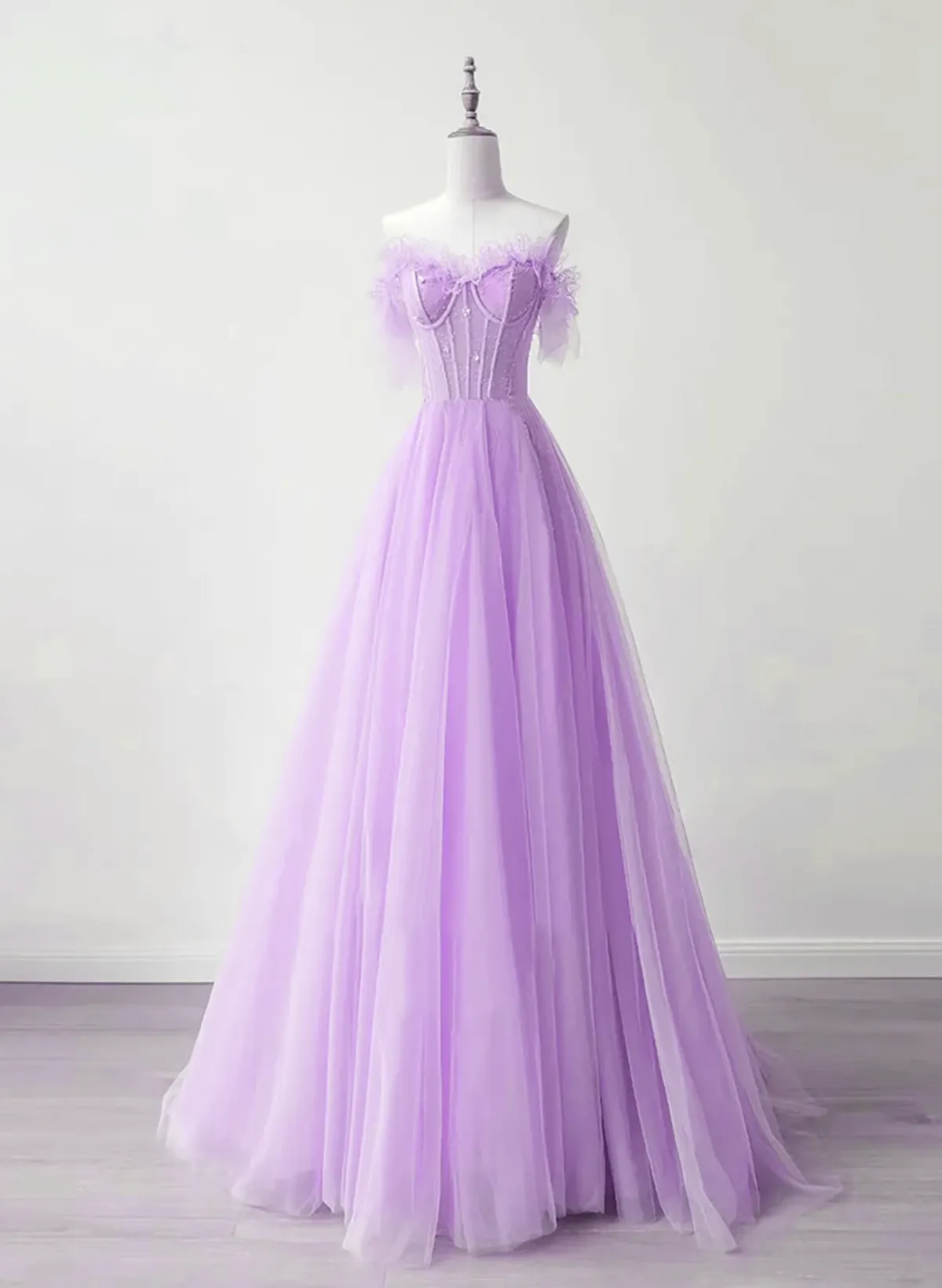 Light Purple Formal Sweetheart A-line Tulle Dress, Light Purple Long Prom Dress