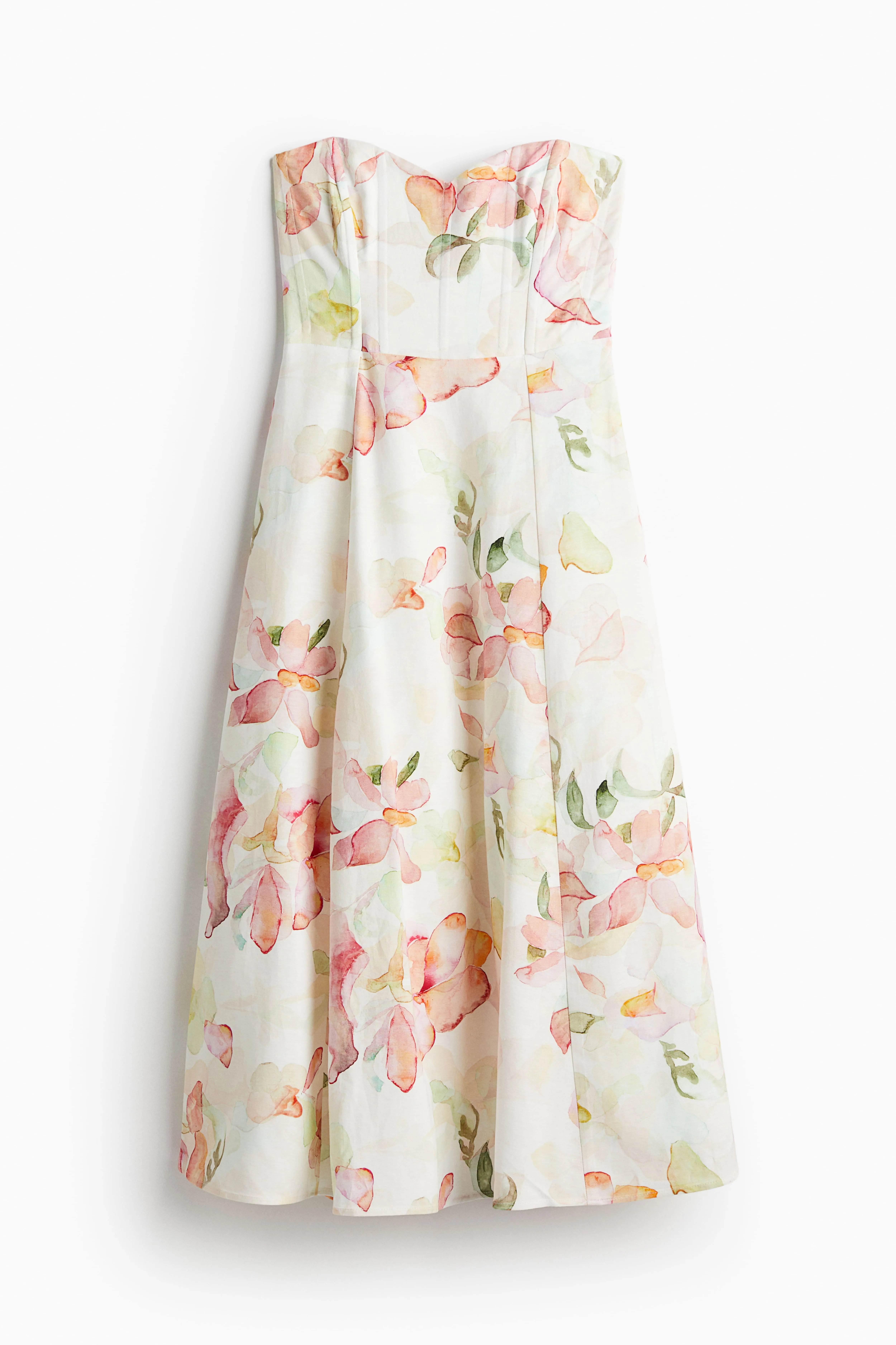 H&M GB White Floral Linen-Blend Bandeau Sweetheart Neckline Dress