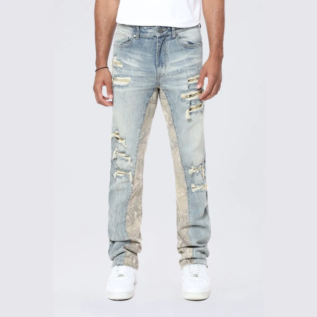 Long Khaki Camo Insert Jeans - Vanilla Blue