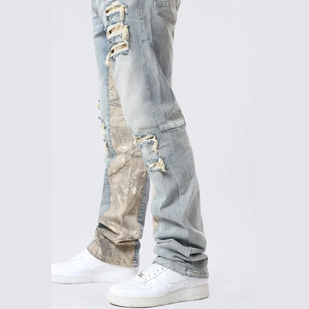 Long Khaki Camo Insert Jeans - Vanilla Blue