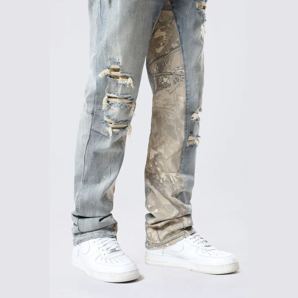 Long Khaki Camo Insert Jeans - Vanilla Blue