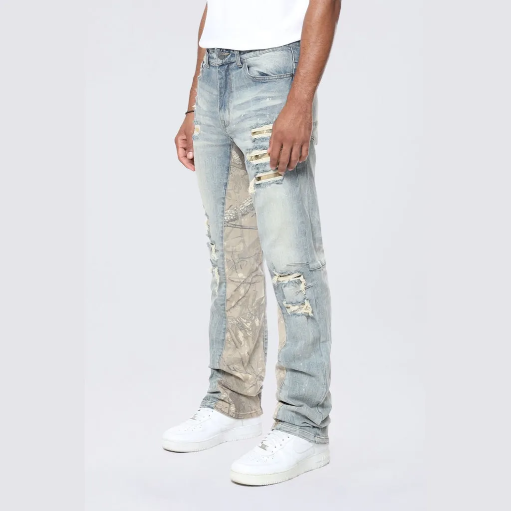 Long Khaki Camo Insert Jeans - Vanilla Blue