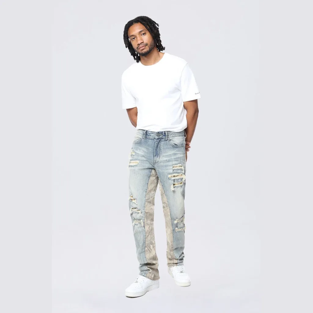 Long Khaki Camo Insert Jeans - Vanilla Blue