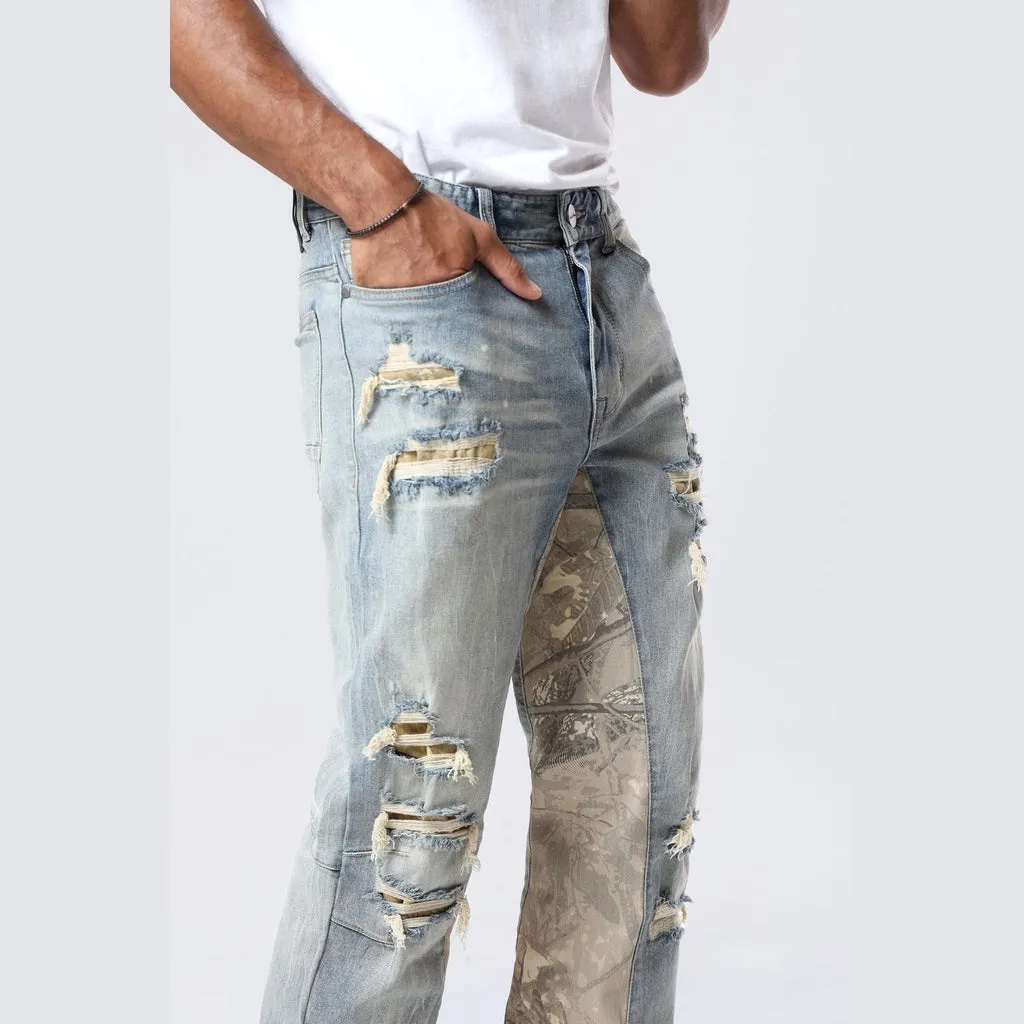 Long Khaki Camo Insert Jeans - Vanilla Blue