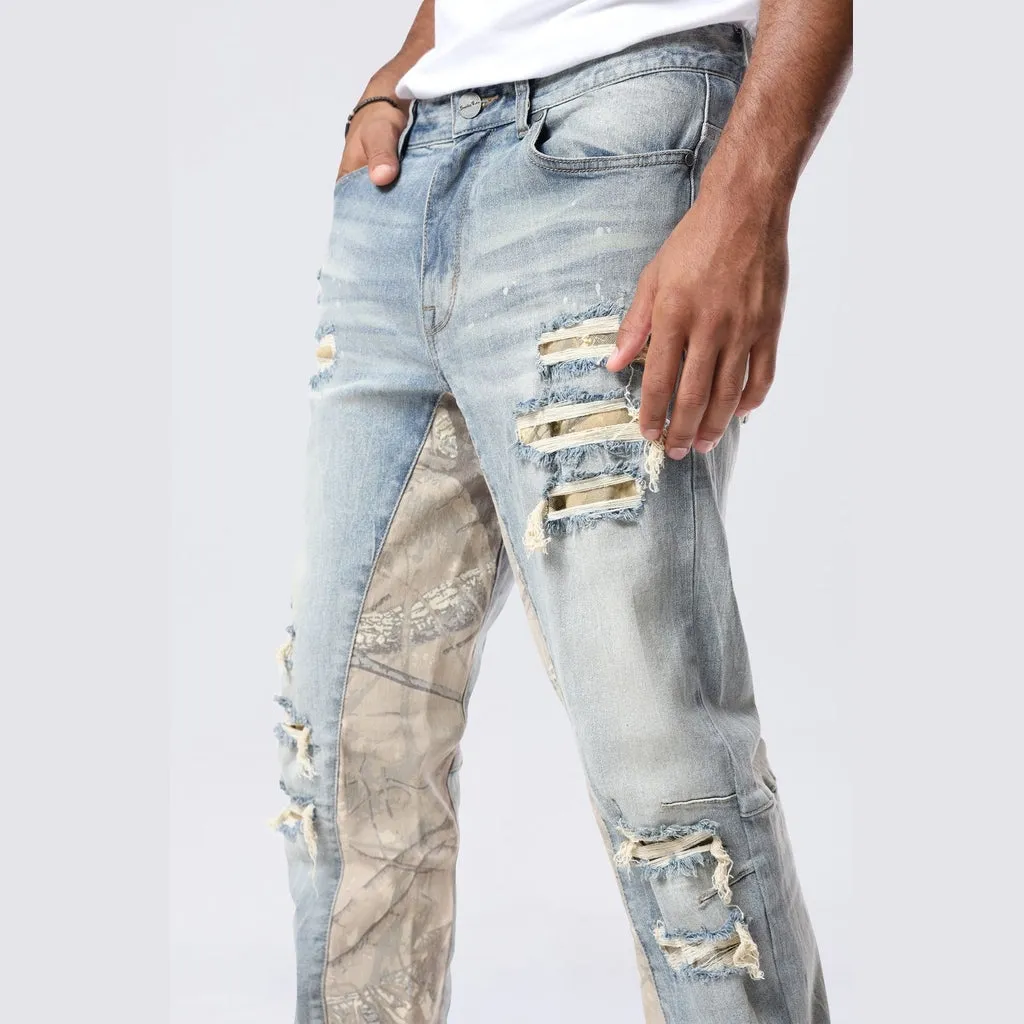 Long Khaki Camo Insert Jeans - Vanilla Blue