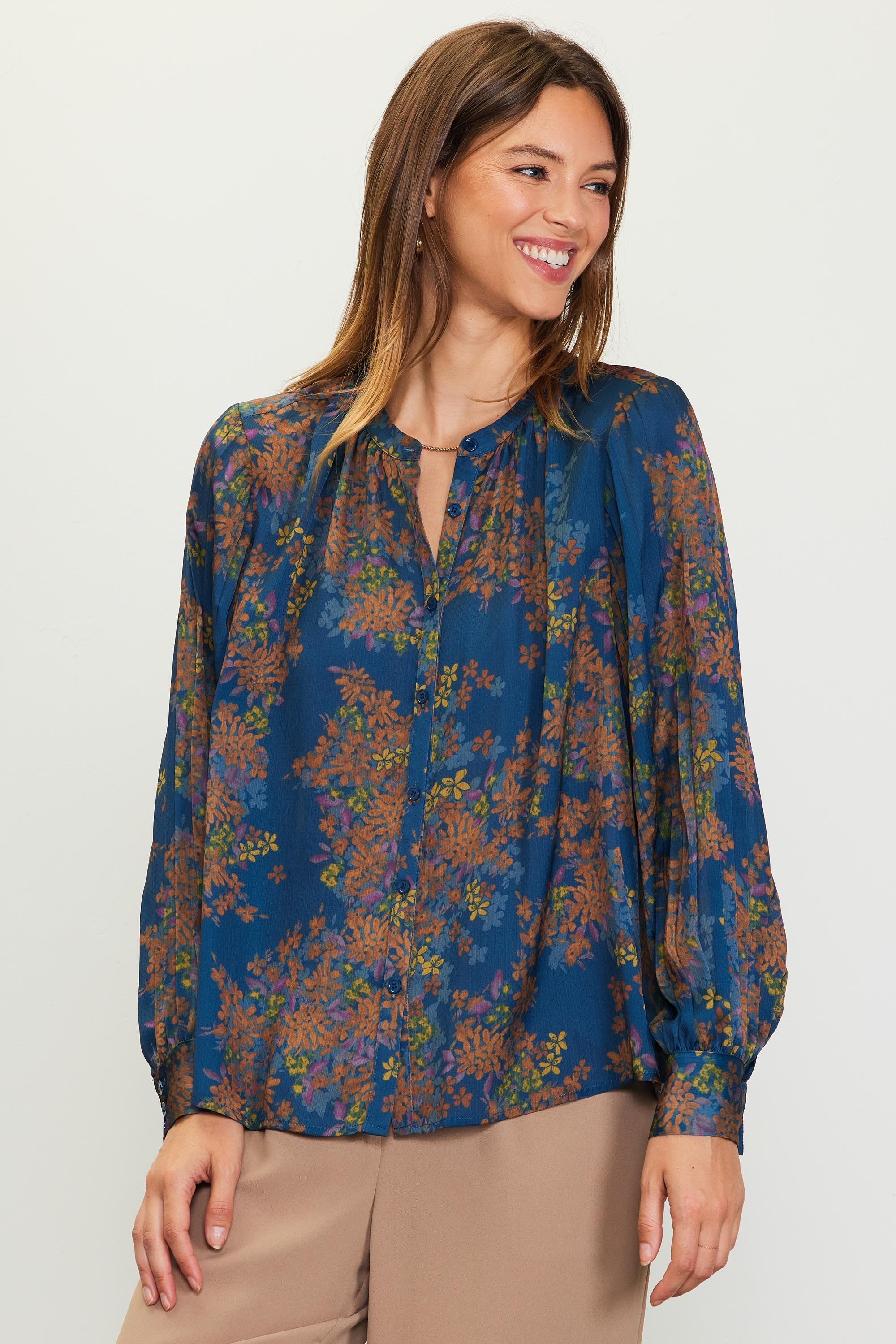 Long Sleeve Button Down Printed Blouse - Teal/Mustard