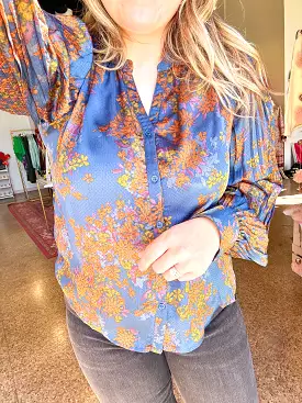 Long Sleeve Button Down Printed Blouse - Teal/Mustard