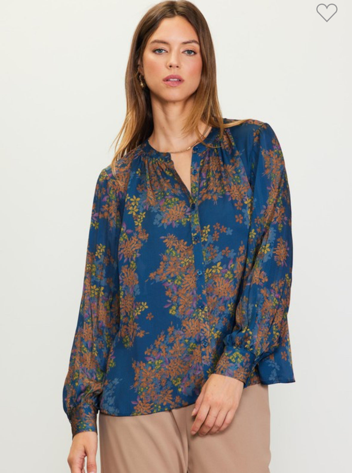 Long Sleeve Button Down Printed Blouse - Teal/Mustard