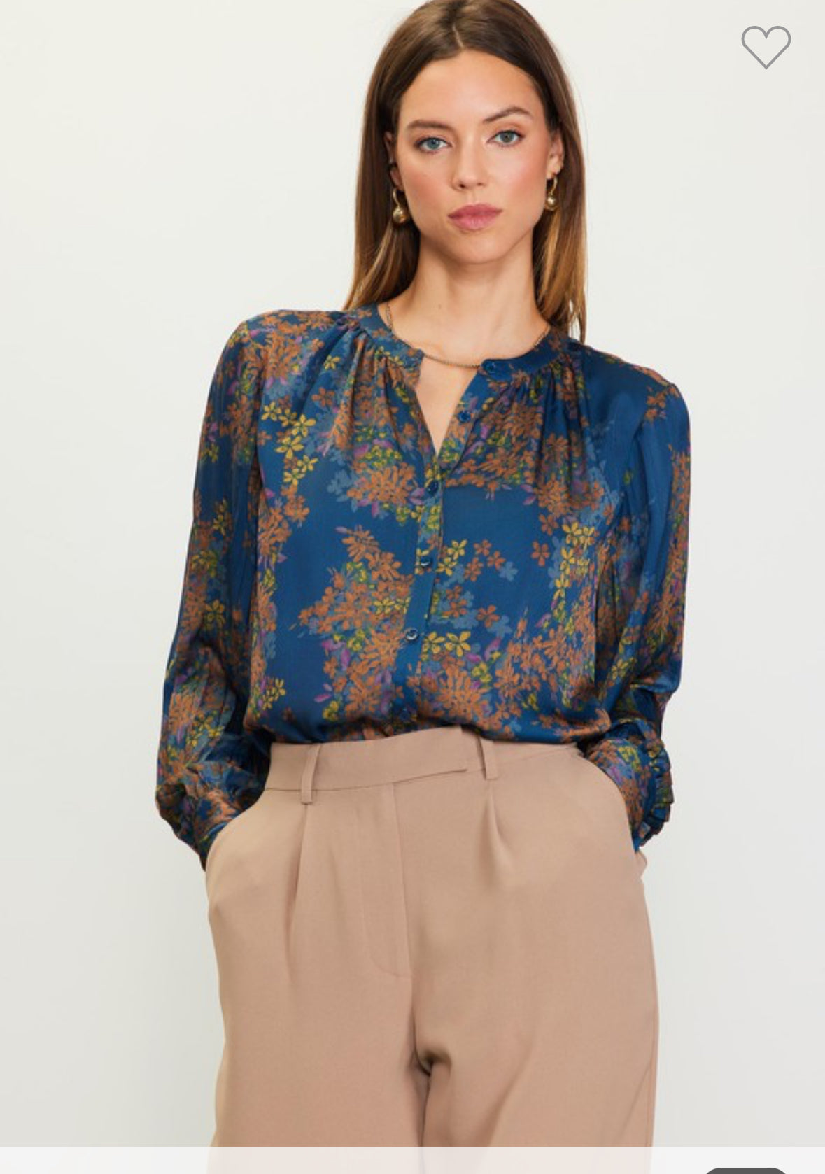 Long Sleeve Button Down Printed Blouse - Teal/Mustard