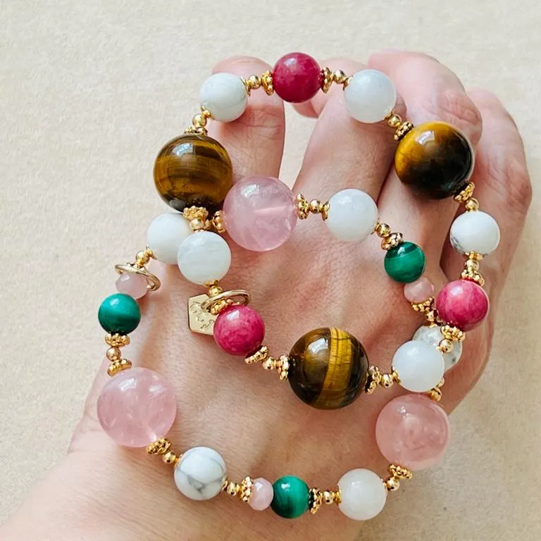 Madagascar Rose Quartz Bracelet with Howlite, Moonstone, and Malachite - Exclusive Design and High-Quality Materials