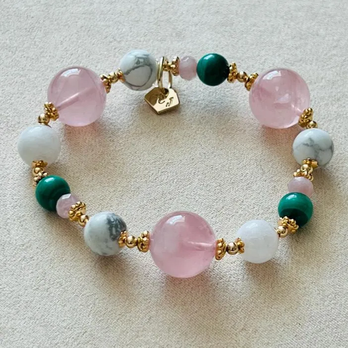 Madagascar Rose Quartz Bracelet with Howlite, Moonstone, and Malachite - Exclusive Design and High-Quality Materials