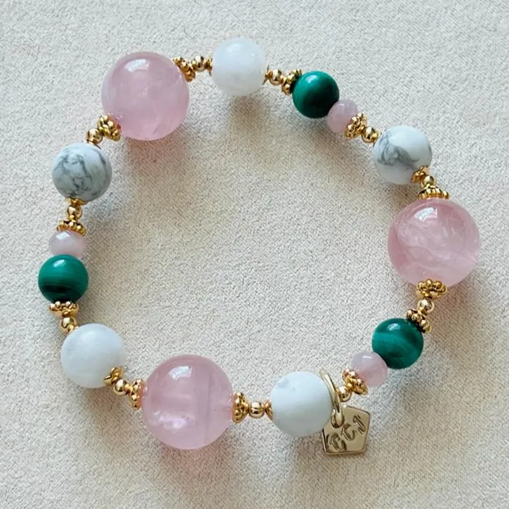 Madagascar Rose Quartz Bracelet with Howlite, Moonstone, and Malachite - Exclusive Design and High-Quality Materials