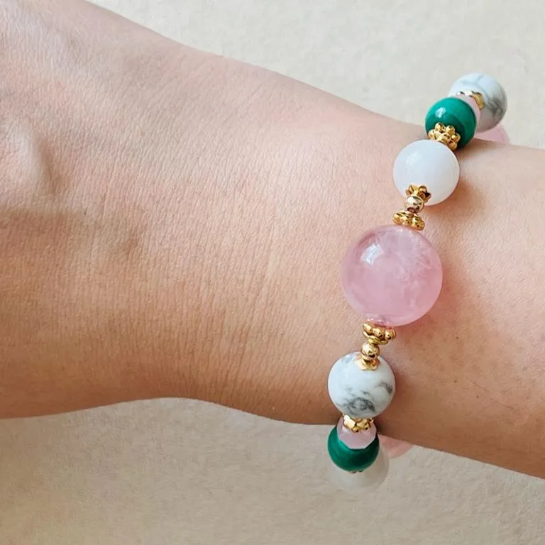 Madagascar Rose Quartz Bracelet with Howlite, Moonstone, and Malachite - Exclusive Design and High-Quality Materials