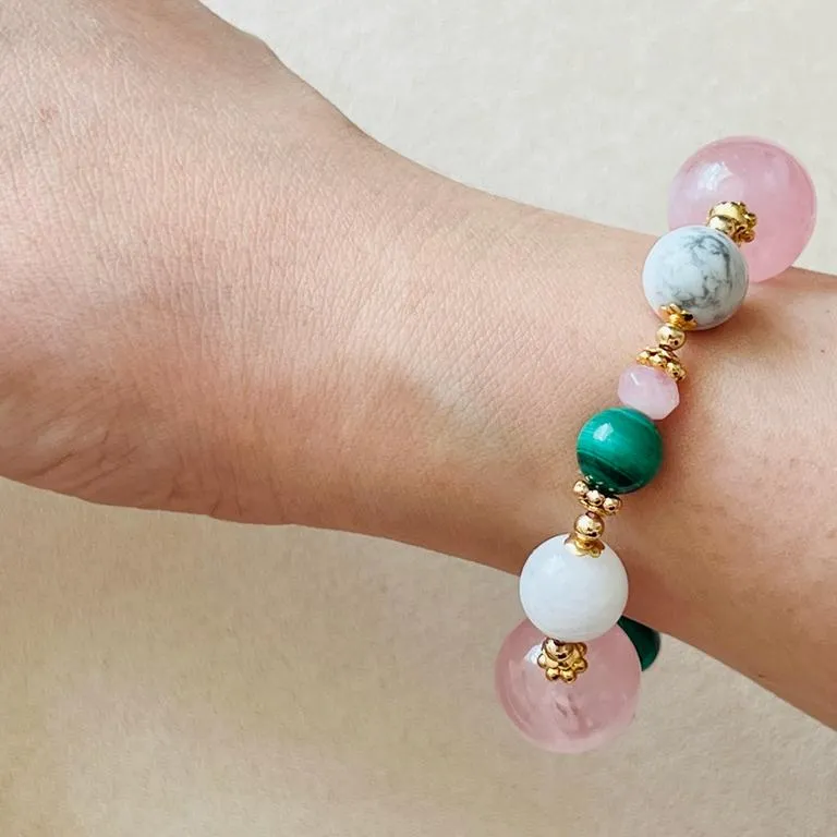 Madagascar Rose Quartz Bracelet with Howlite, Moonstone, and Malachite - Exclusive Design and High-Quality Materials