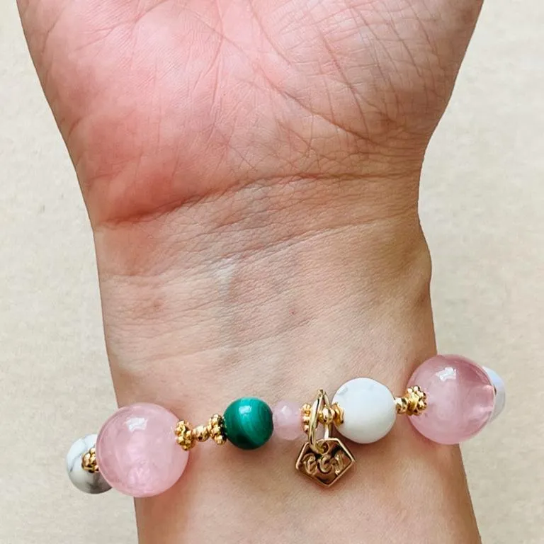 Madagascar Rose Quartz Bracelet with Howlite, Moonstone, and Malachite - Exclusive Design and High-Quality Materials