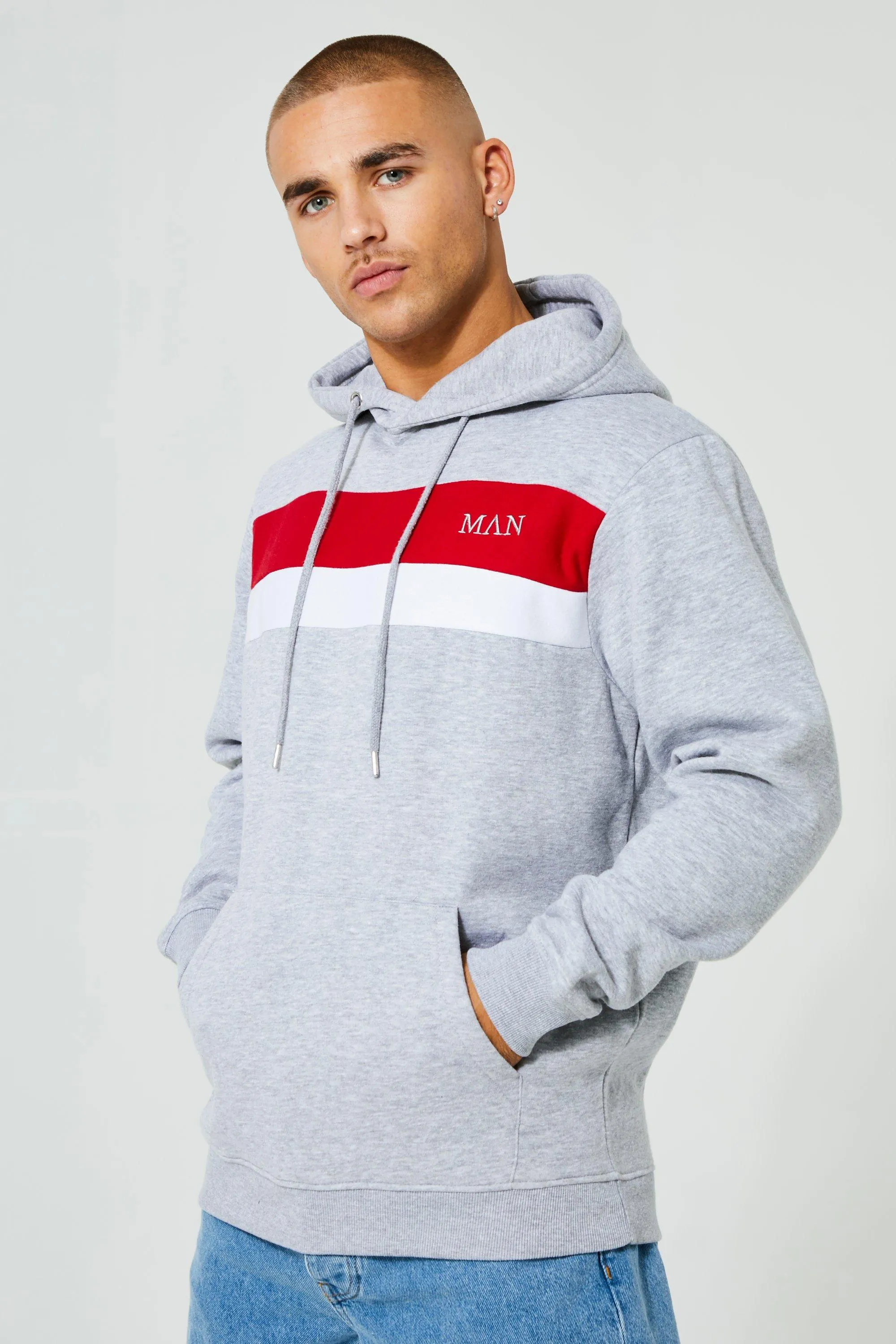 Man Roman Colour Block Hoodie boohooMAN UK