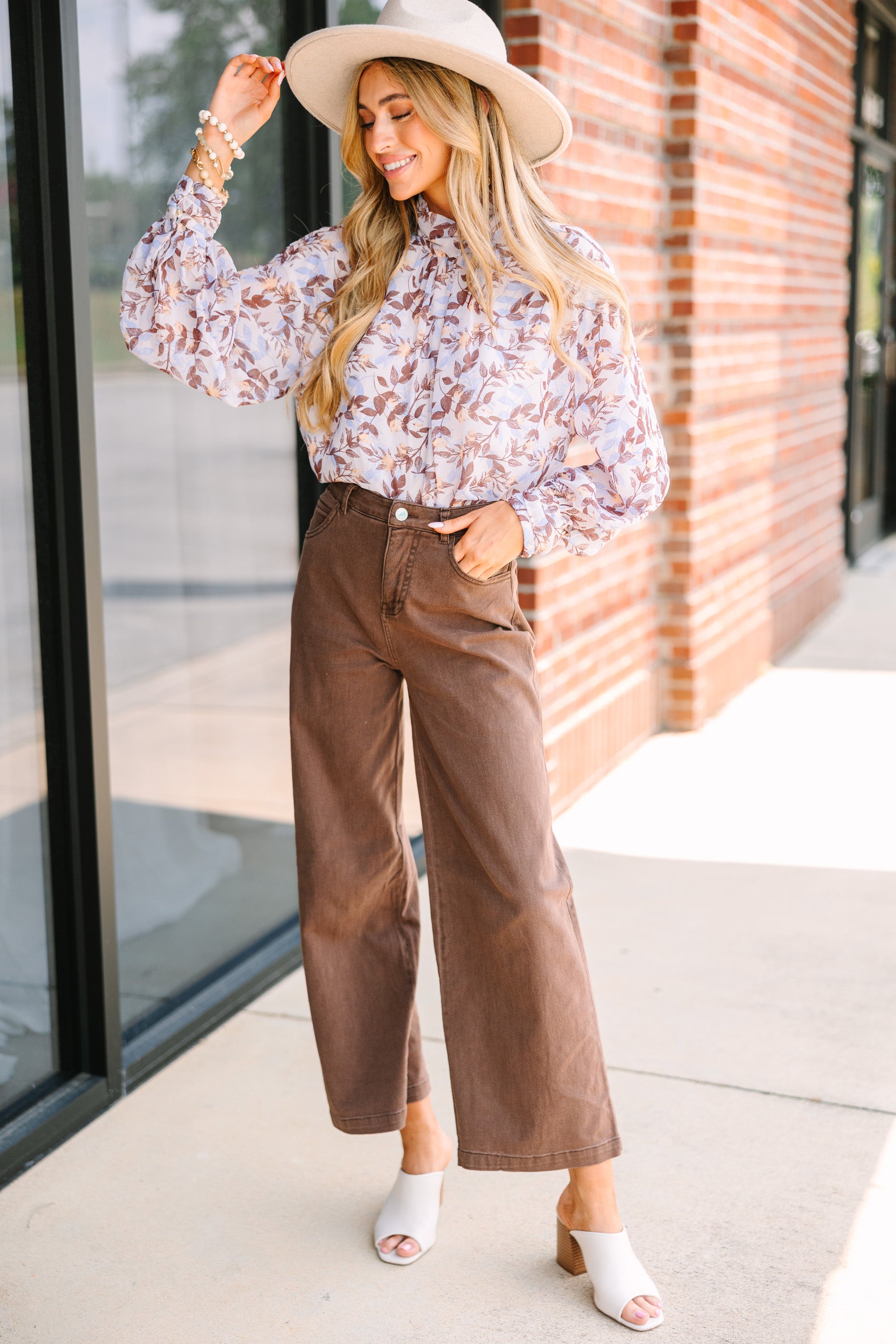 Mocha Brown Leaf Print Blouse - Shop Now!