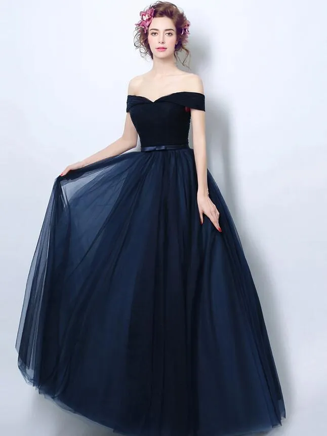 Navy Blue Off Shoulder Sweetheart A-line Bridesmaid Dress, Blue Party Dress Prom Dress