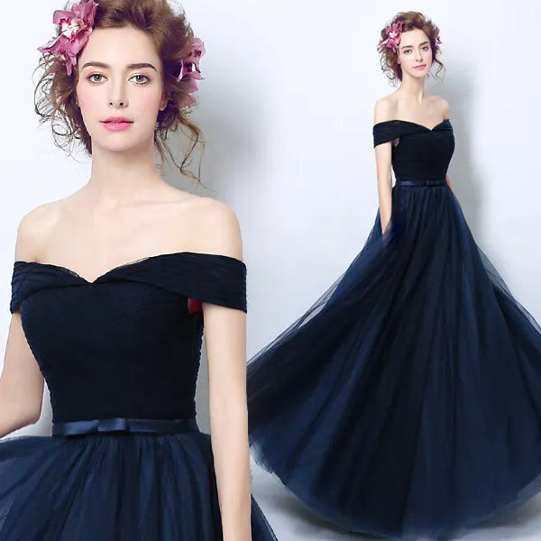 Navy Blue Off Shoulder Sweetheart A-line Bridesmaid Dress, Blue Party Dress Prom Dress