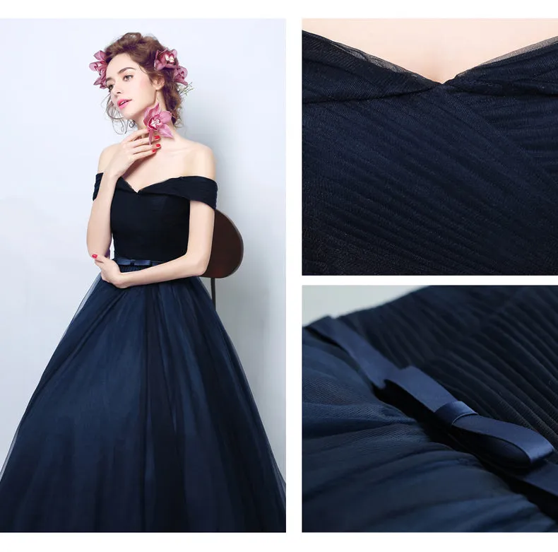 Navy Blue Off Shoulder Sweetheart A-line Bridesmaid Dress, Blue Party Dress Prom Dress