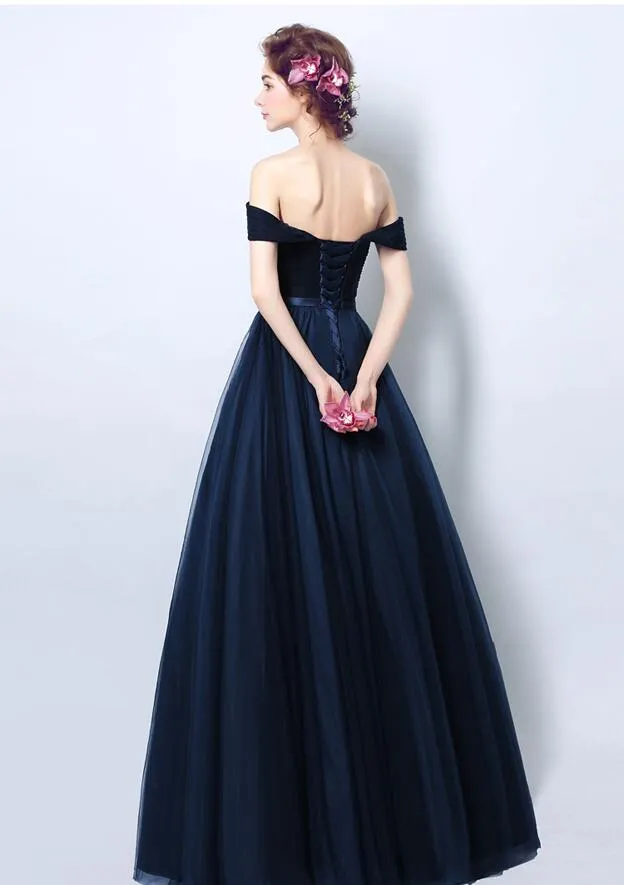 Navy Blue Off Shoulder Sweetheart A-line Bridesmaid Dress, Blue Party Dress Prom Dress