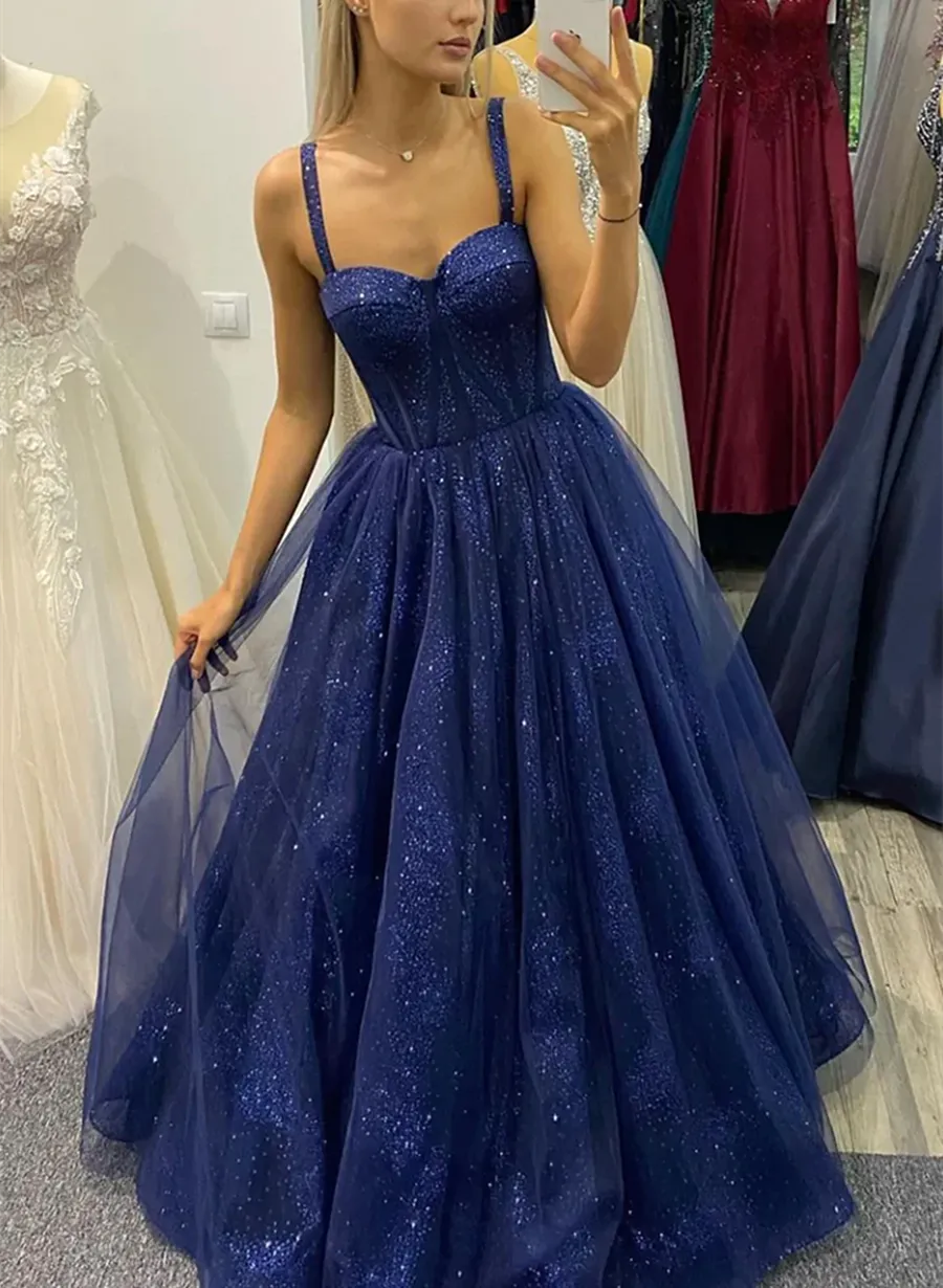 Navy Blue Shiny Tulle Straps Sweetheart Party Dress A-line Blue Prom Dress