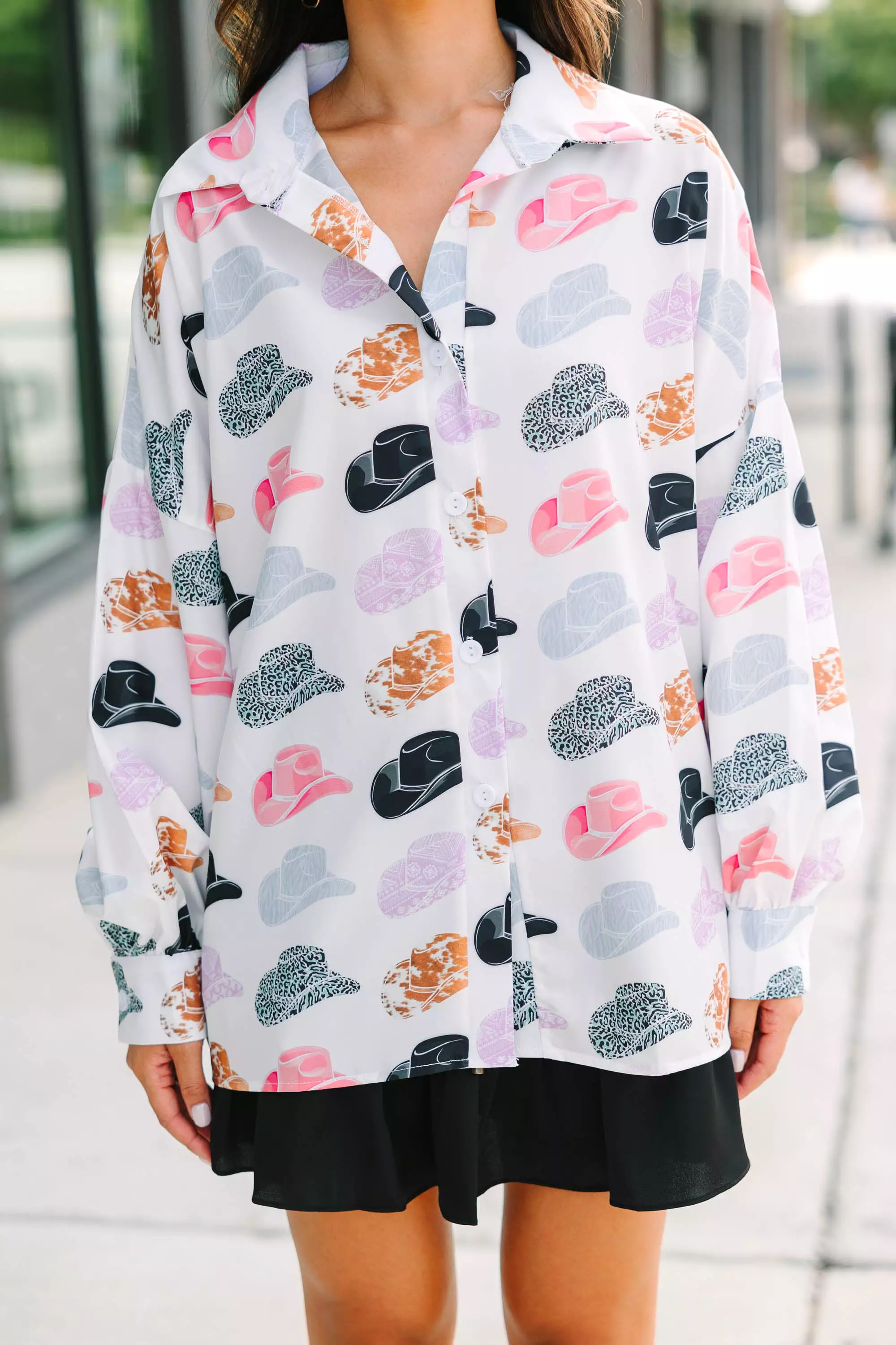 Not My First Rodeo - White Cowboy Hat Print Blouse