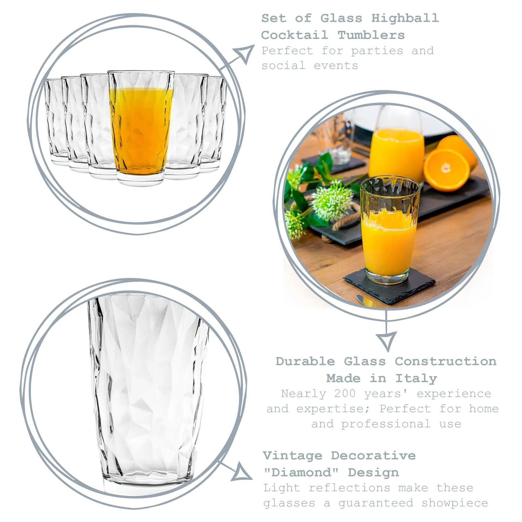 Pack of 6 Diamond Highball Glasses 470ml Glassware Set