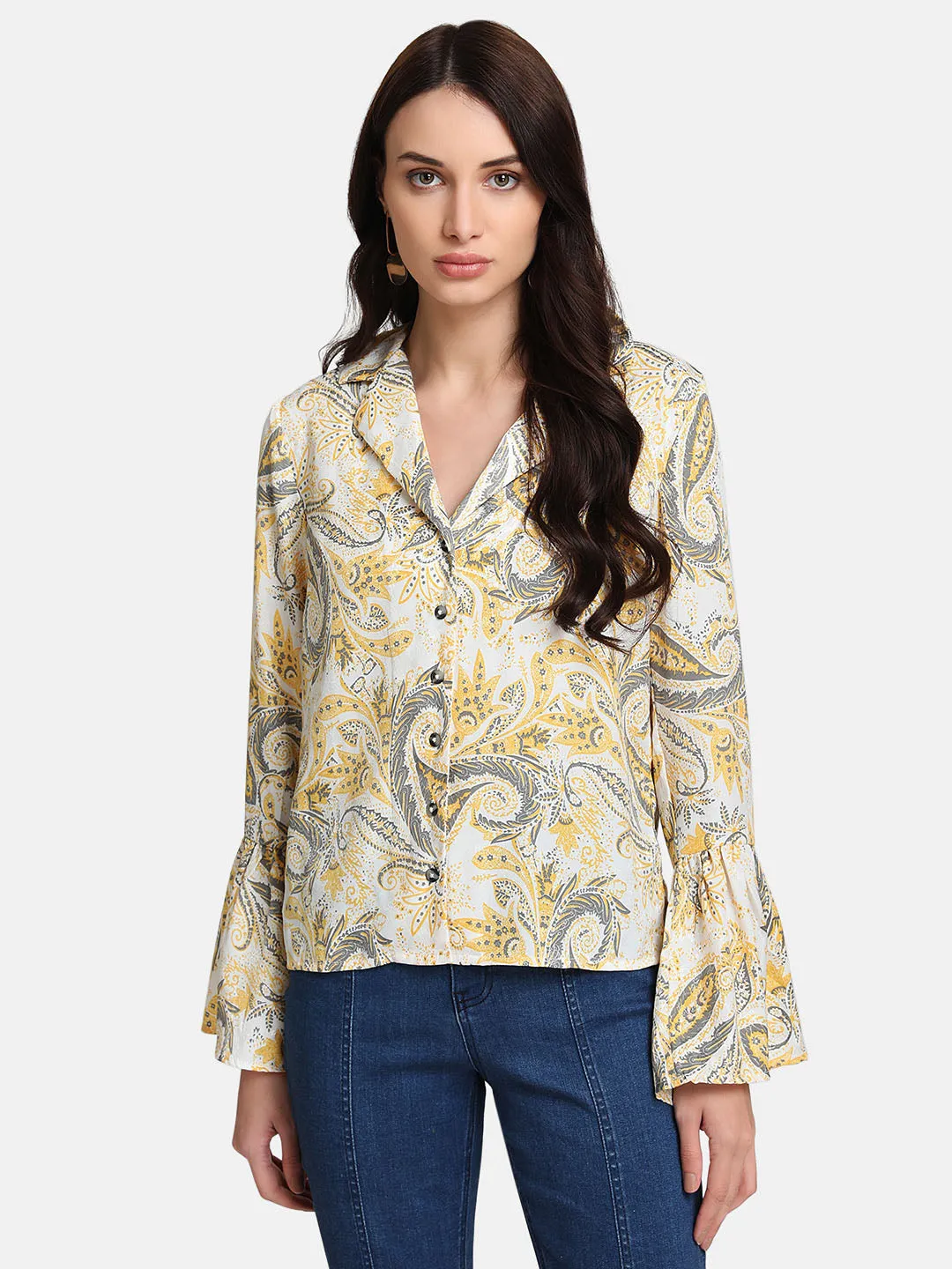 Paisley Print Jacquard Shirt With Bell Sleeves - Shop now!