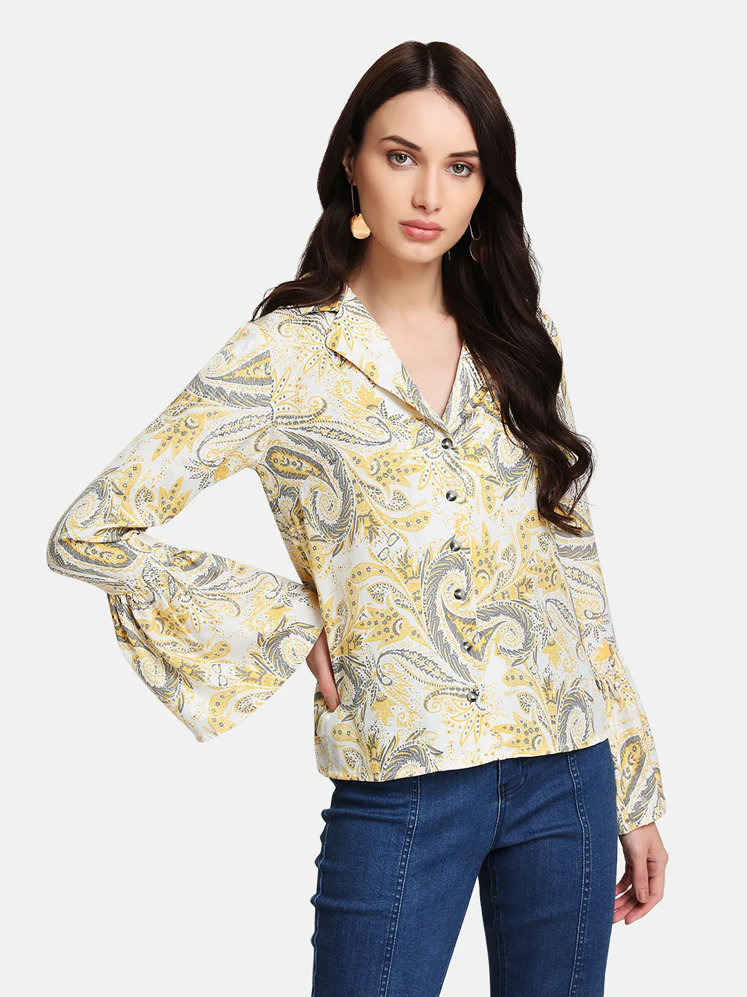 Paisley Print Jacquard Shirt With Bell Sleeves - Shop now!