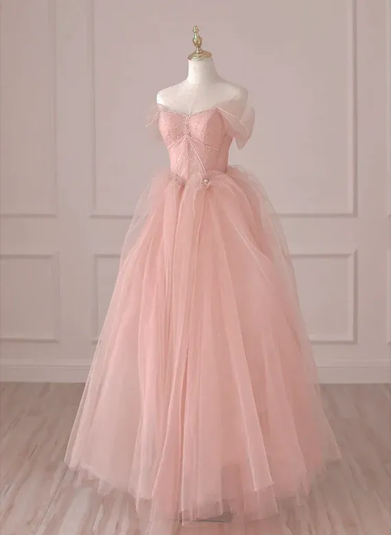 Pink Beaded Tulle Sweetheart Long Formal Dress, Pink A-line Prom Evening Dress