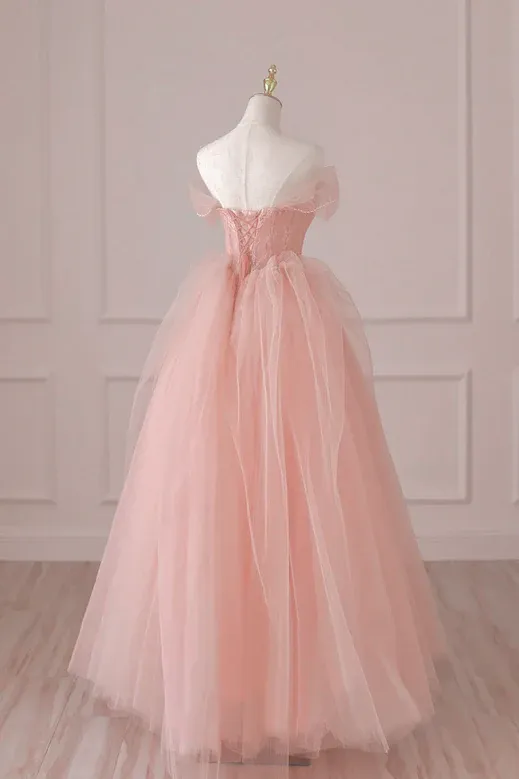 Pink Beaded Tulle Sweetheart Long Formal Dress, Pink A-line Prom Evening Dress