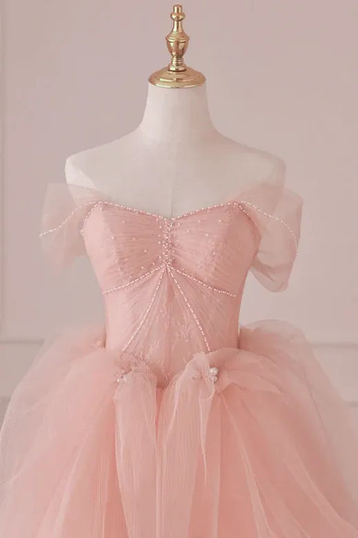 Pink Beaded Tulle Sweetheart Long Formal Dress, Pink A-line Prom Evening Dress