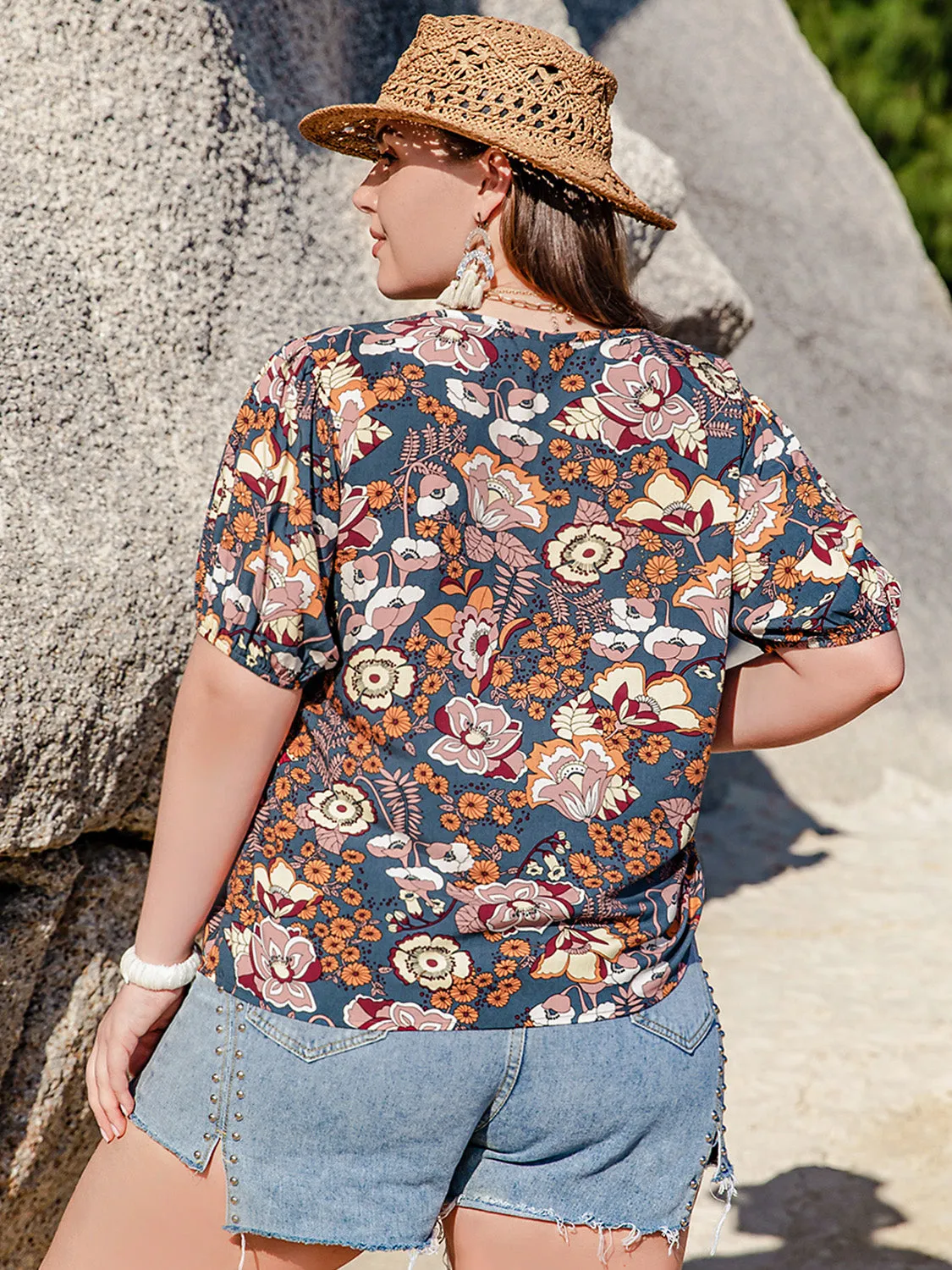 Printed Plus Size Notched Half Sleeve Blouse