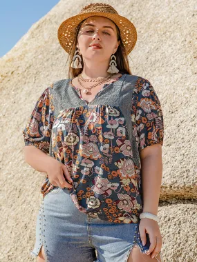 Printed Plus Size Notched Half Sleeve Blouse