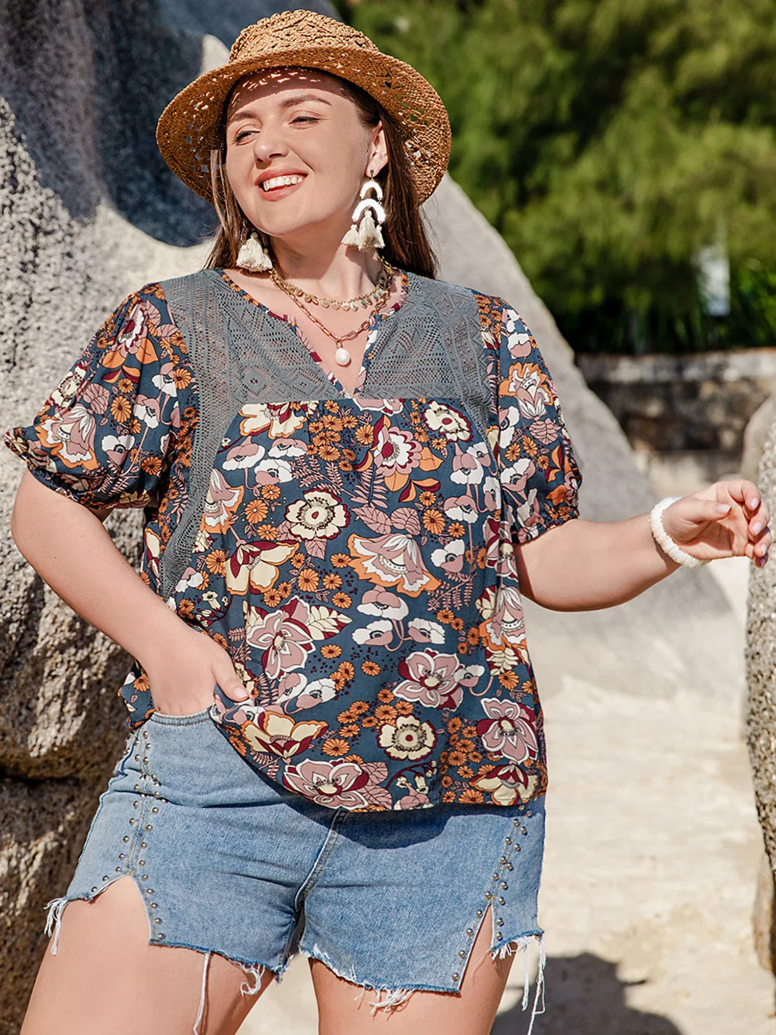 Printed Plus Size Notched Half Sleeve Blouse