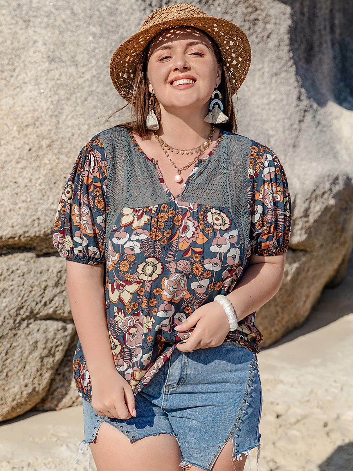 Printed Plus Size Notched Half Sleeve Blouse