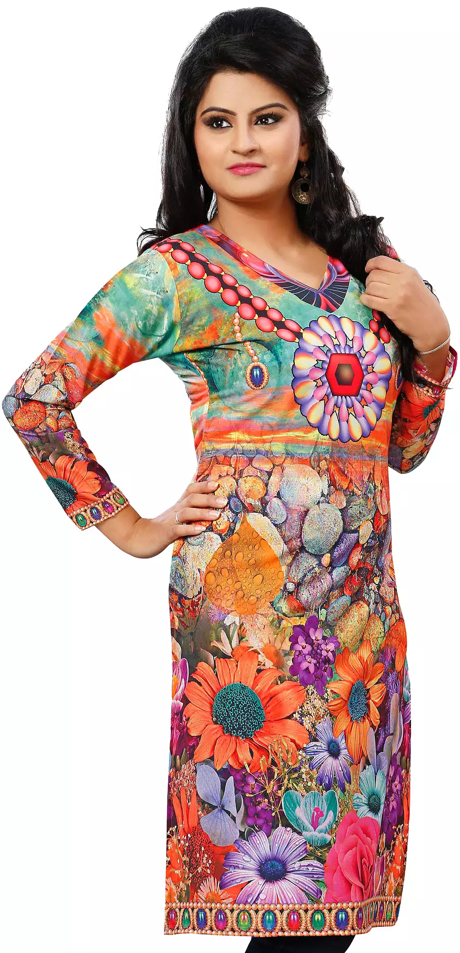 Printed Indian Tunic Top Kurti Blouse for Women in Orange