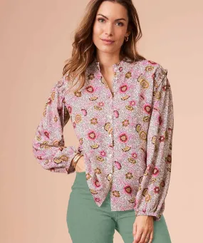 Printed Long Sleeved Tunisian Collar Blouse