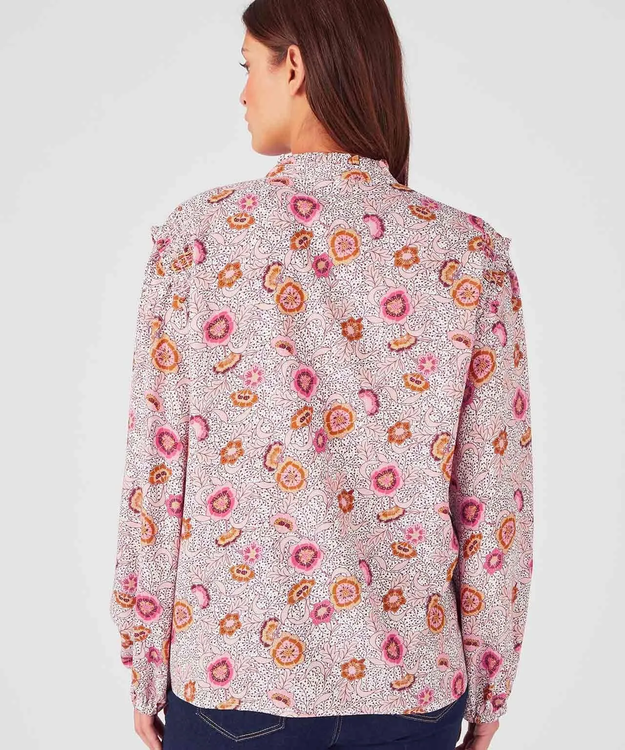 Printed Long Sleeved Tunisian Collar Blouse