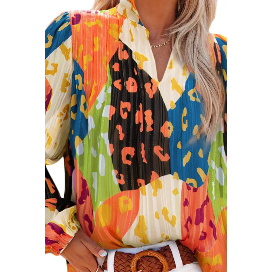 Printed Long Sleeve Blouse with Notched Design