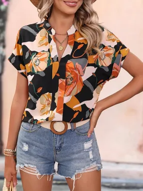 Notched Printed Blouse - Short Sleeve