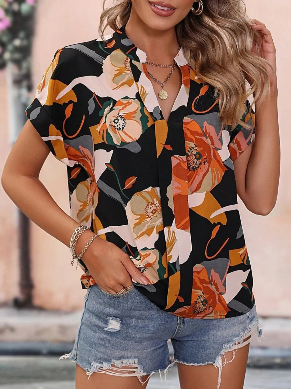 Notched Printed Blouse - Short Sleeve