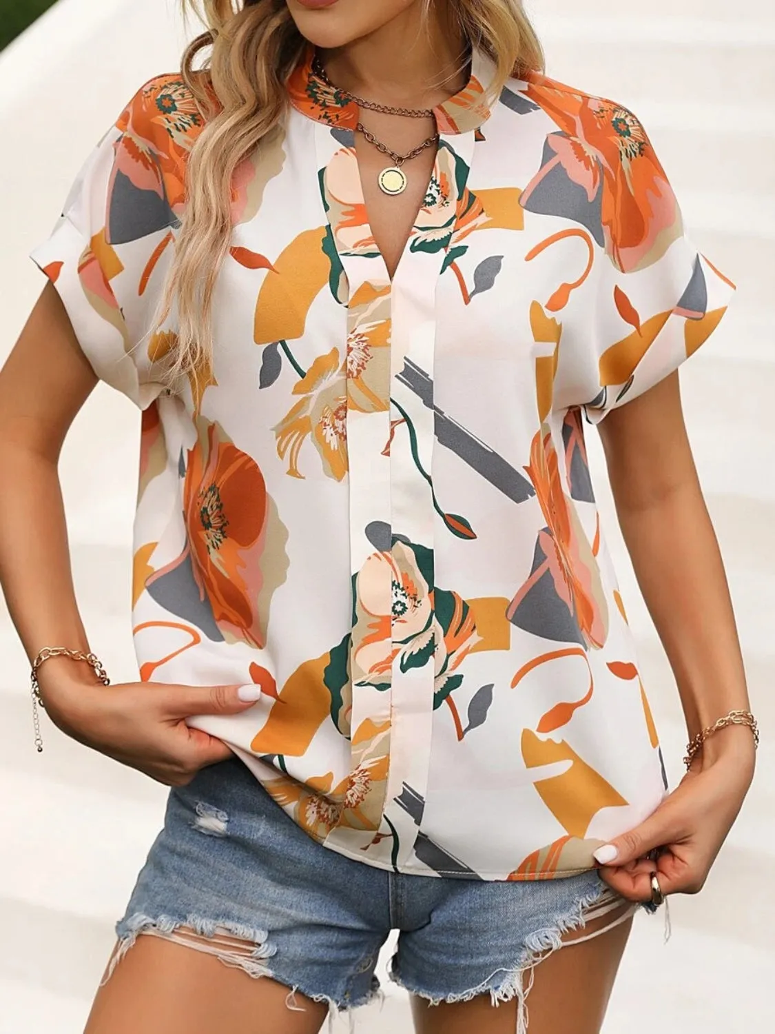 Notched Printed Blouse - Short Sleeve