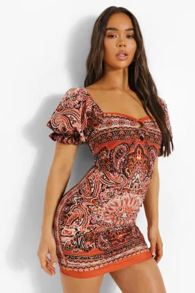 Puff Sleeve Rouche Mini Dress Scarf Print