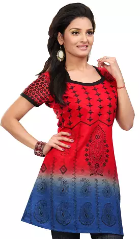 Red Printed Cotton Kurti Top Tunic for Women - Indian Clothing