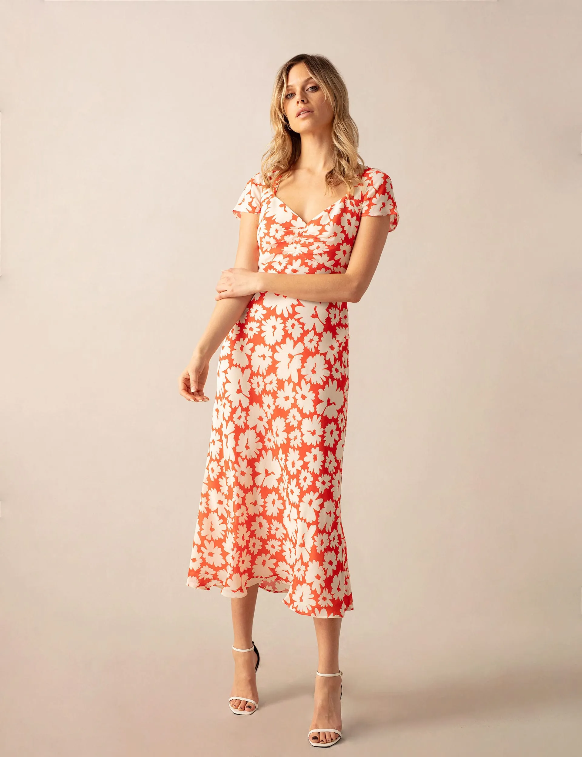 Red Mix Women's Floral Midi Tea Dress Ro&Zo Sweetheart Neckline