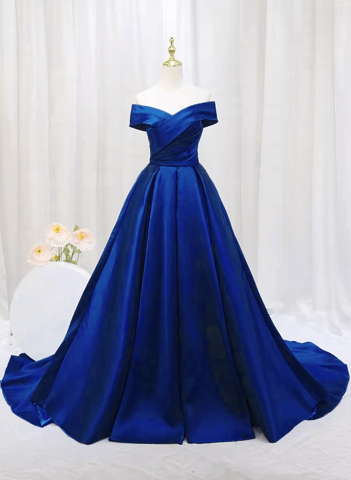 Royal Blue Satin Sweetheart Off Shoulder Long Formal A-Line Prom Dress