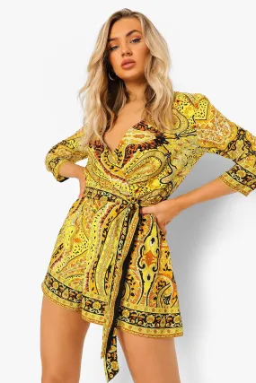 Scarf Print Wrap Front Belted Romper Clothing