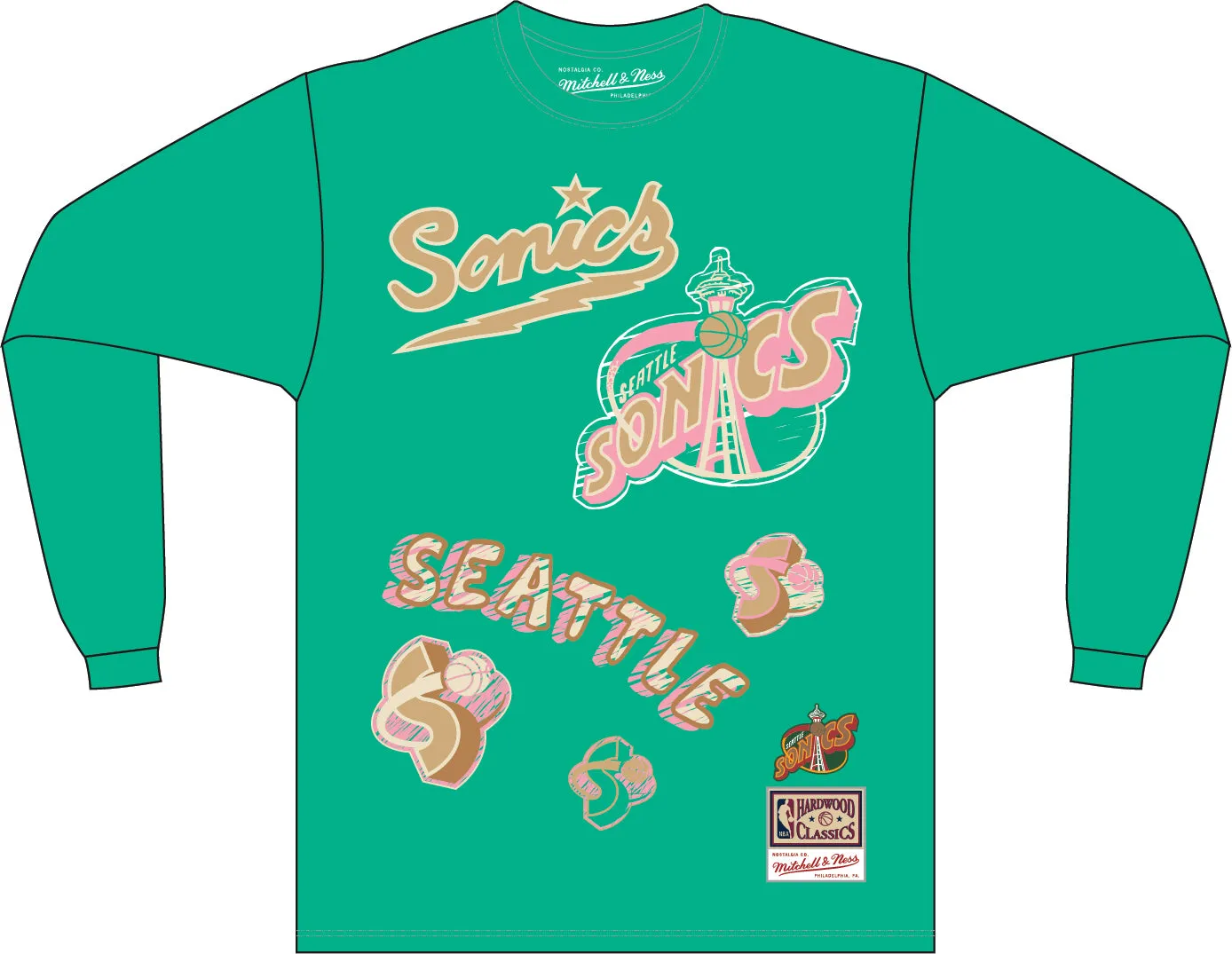 Seattle Supersonics Hardwood Classics Sidewalk Sketch | Teal Long Sleeve T-shirt - Best Price, Limited Stock